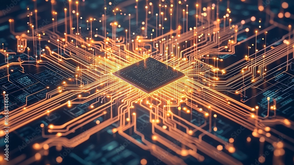 Poster a close-up view of a microchip surrounded by glowing circuits, representing technology, innovation, 