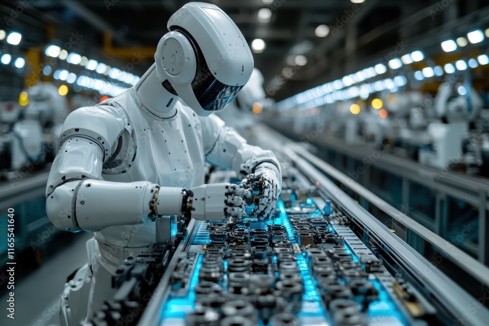 Poster Robot assembles components on a high-tech production line in a modern factory