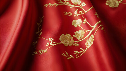 Elegant Red Fabric with Intricate Gold Embroidery