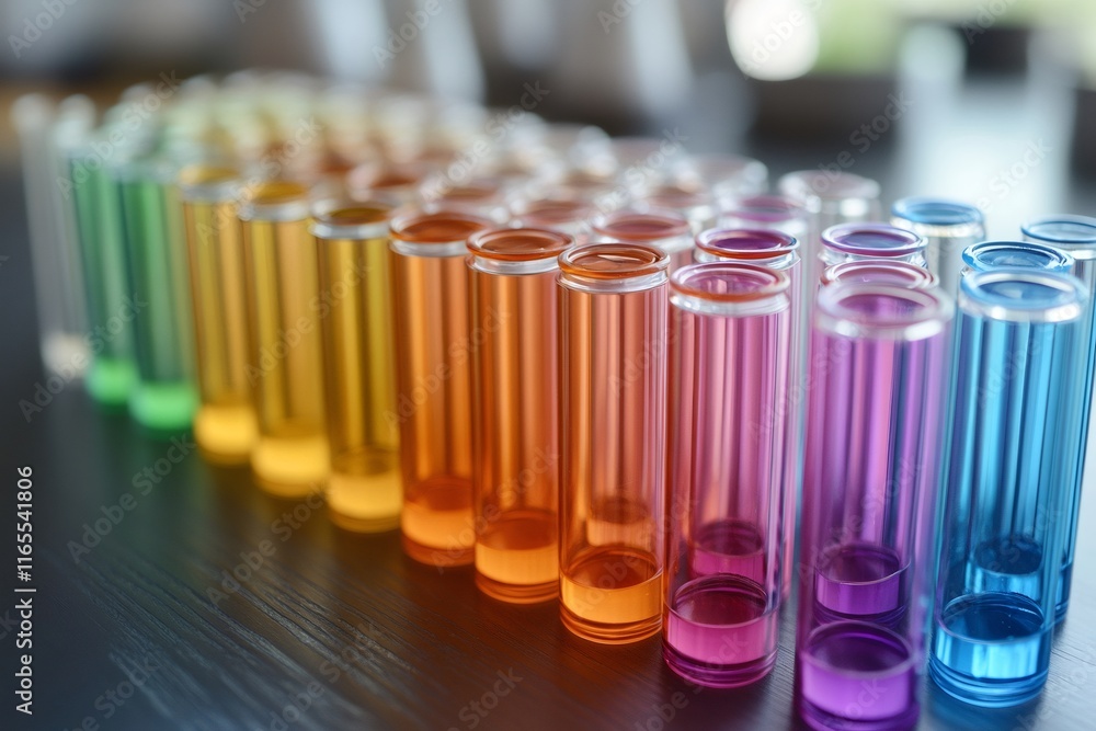 Aufkleber Test tubes containing colorful liquids forming a gradient on a dark surface are creating a vibrant spectrum