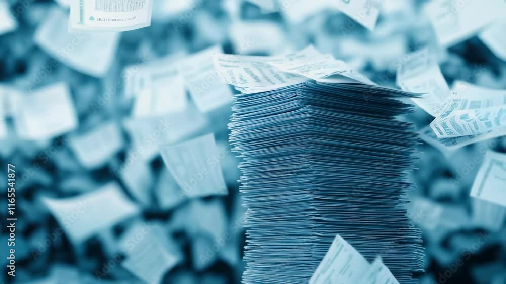 Aufkleber stacks of documents and flying papers create chaotic office scene, emphasizing disorganization and u