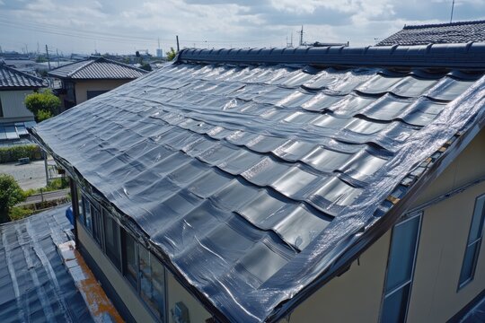 Roof installation process with tarps covering tiles in bright sunlight