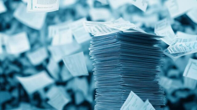 Stacks of documents and flying papers create chaotic office scene, emphasizing disorganization and urgency, while blue tones heighten stress of environment.