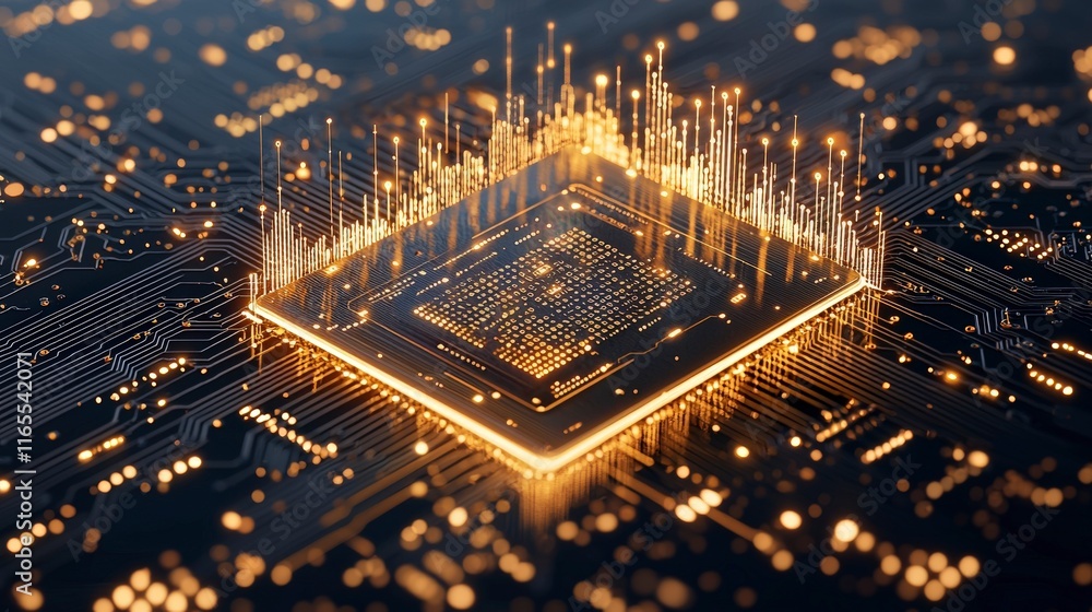 Poster futuristic microchip design with glowing circuits and data pulses, symbolizing technology and innova