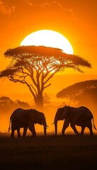 Obraz premium African Sunset Silhouette Two Majestic Elephants Graze Under a Golden Sky, Acacia Tree