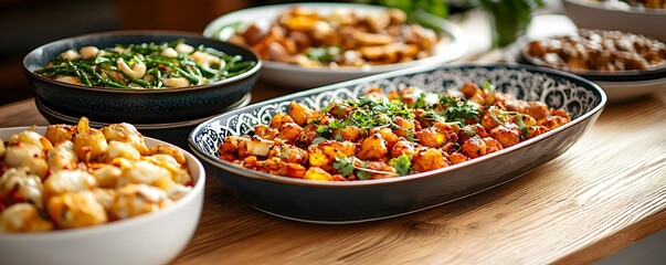 Fototapeta premium Colorful Assorted Dishes on Wooden Table