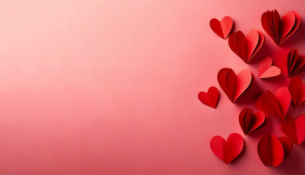 Unos corazones rojos de papel en una esquina de la foto sobre fondo rosa pastel. fondo para san Valent&iacute;n. d&iacute;a de los enamorados.