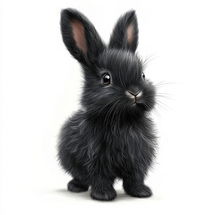 Obraz premium Cute Black Rabbit with Fluffy Fur, Innocent Expression, Bright Eyes, and Upright Ears Posed on a White Background for Adorable Animal Imagery