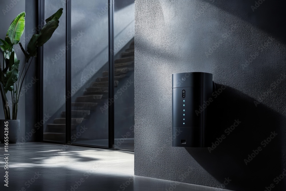 Poster voice assistant for home security system integration with modern design in contemporary space