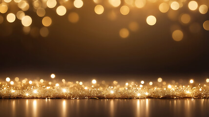 Christmas golden glowing background. Holiday abstract glitter defocused backdrop with blinking tars...