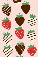 retro style illustration of chocolate-dipped strawberries with artistic drizzles of white and dark chocolate, scattered over a soft pastel pink background, Valentines Day