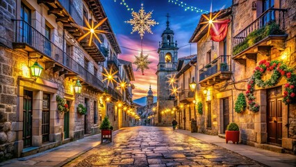 Naklejka premium Double Exposure Puebla de Sanabria Christmas Night, Spain