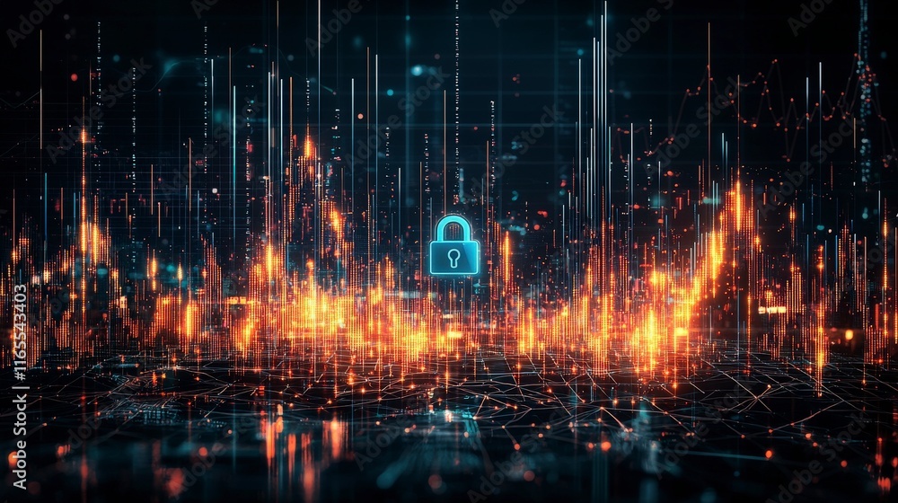 Poster digital landscape featuring a glowing padlock amidst vibrant data streams, symbolizing cybersecurity