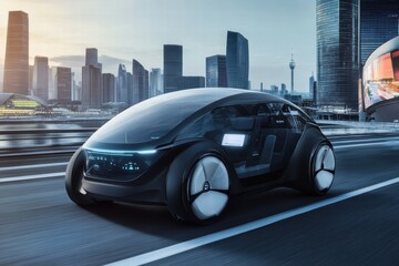 Autonomous car navigating modern city roads at dusk in a vibrant urban environment