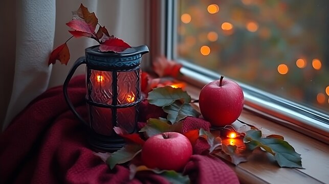 Autumnal Window Still Life With Lantern And Apples