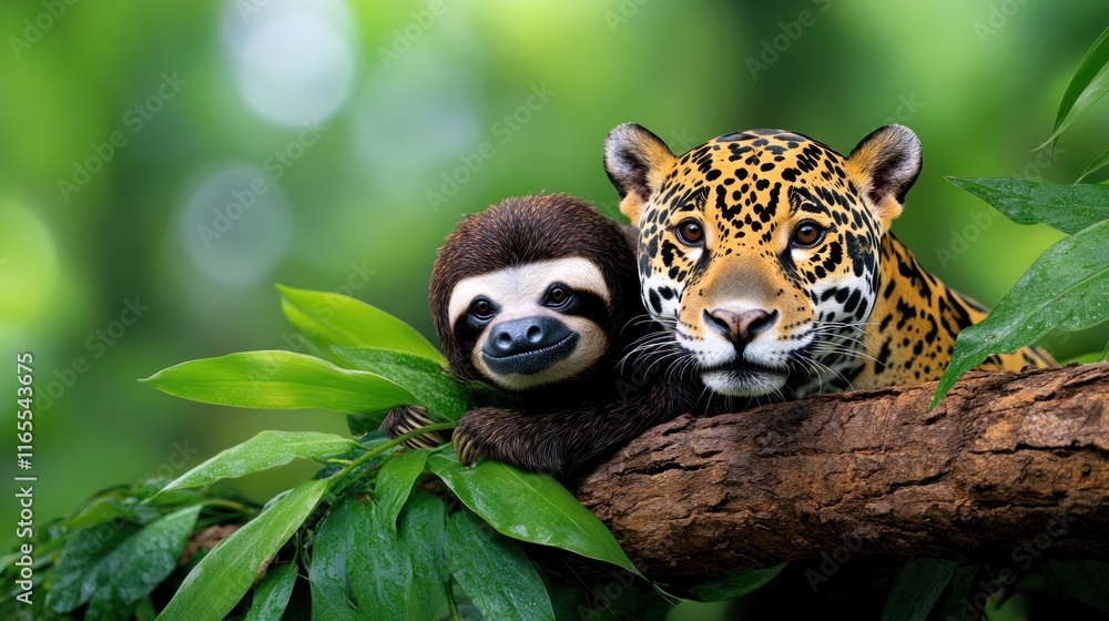 Poster a sloth and a jaguar resting on a tree branch in a lush environment.