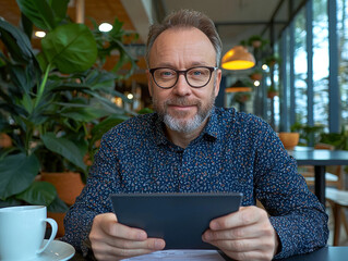 man in cafe using tablet for work or investment management, surrounded by plants