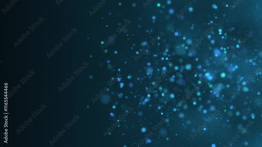 Aufkleber blue glowing circles particles dust flying at the middle right on a dark abstract background, bokeh 