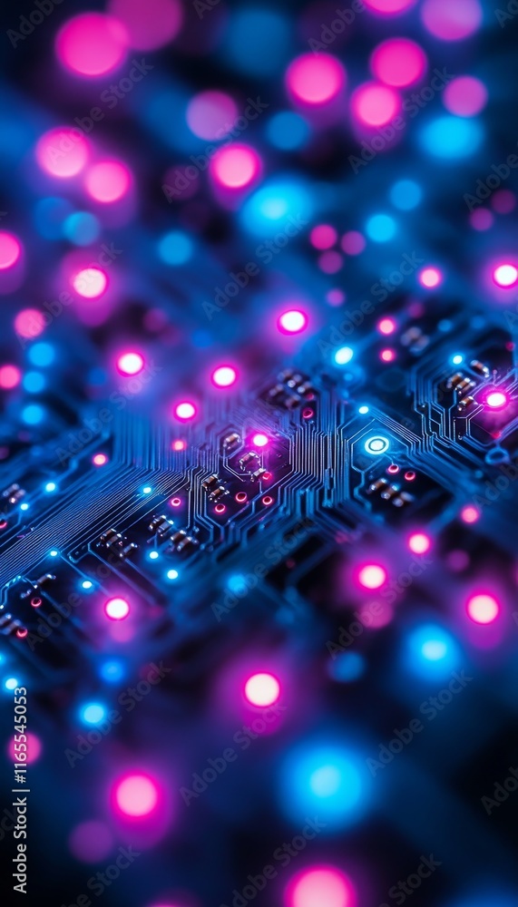 Poster glowing circuits computer chip technology, abstract close-up with integrated circuitry and network