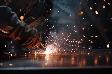 Welder at work creating sparks in a dark environment during evening hours