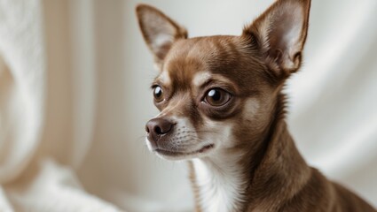 Close up of a small brown chihuahua dog with attentive expression