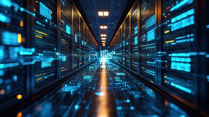 Fototapeta premium Futuristic data center with glowing servers.