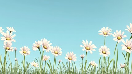 Breathtaking vista, picturesque field of white flowers stretches beneath clear blue sky.