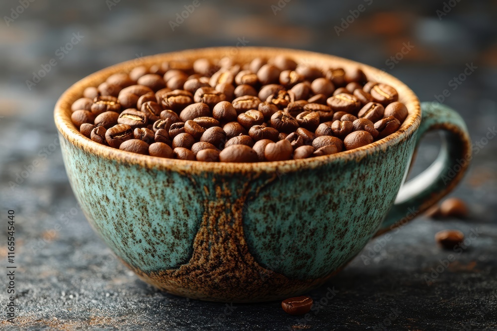 Poster coffee beans creatively arranged in a tree shape within a rustic cup design