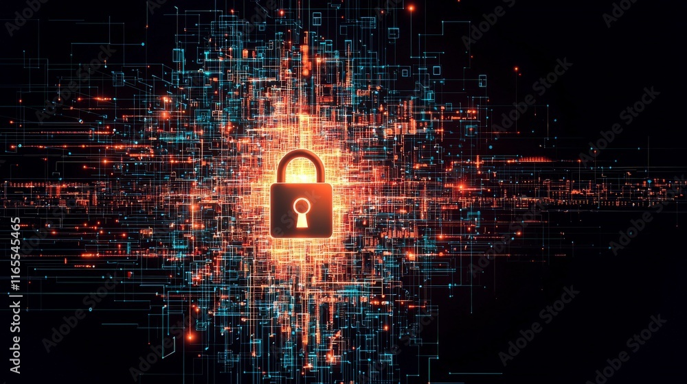 Aufkleber digital lock symbol amidst vibrant data streams, representing cybersecurity and protection of inform