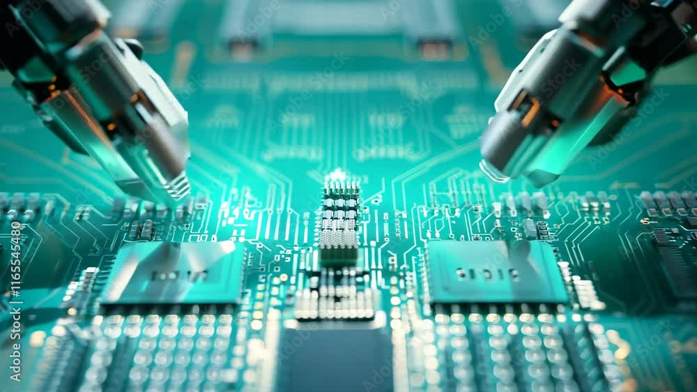 Poster robotic hands and circuit board exploring advanced technology, innovation in electronics, and future