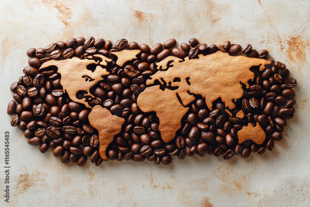 Poster coffee beans creatively arranged to form a world map on a light background
