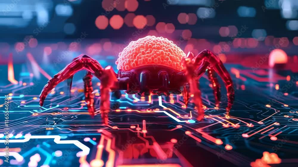 Poster futuristic glowing red spider on digital circuit board, merging technology and nature in abstract de