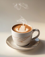 Steaming Mug with Intricate Latte Art on Saucer