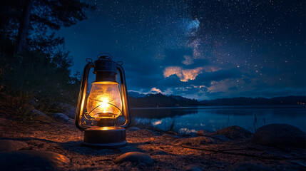 A kerosene lamp on a beach at night, with a calm ocean and dramatic cloudy sky in the background