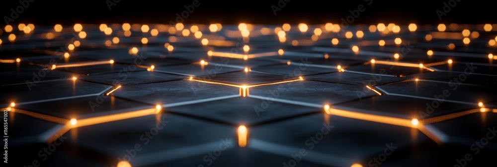 Poster abstract glowing hexagonal pattern on black background, futuristic technology concept