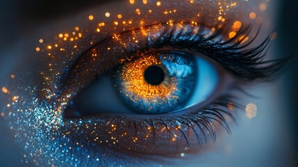 Close-up of a glowing eye with sparkling golden accents