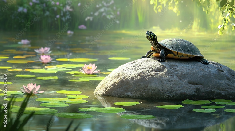 Poster a turtle basking in the sun on a rock in a serene pond, with lily pads floating around it.