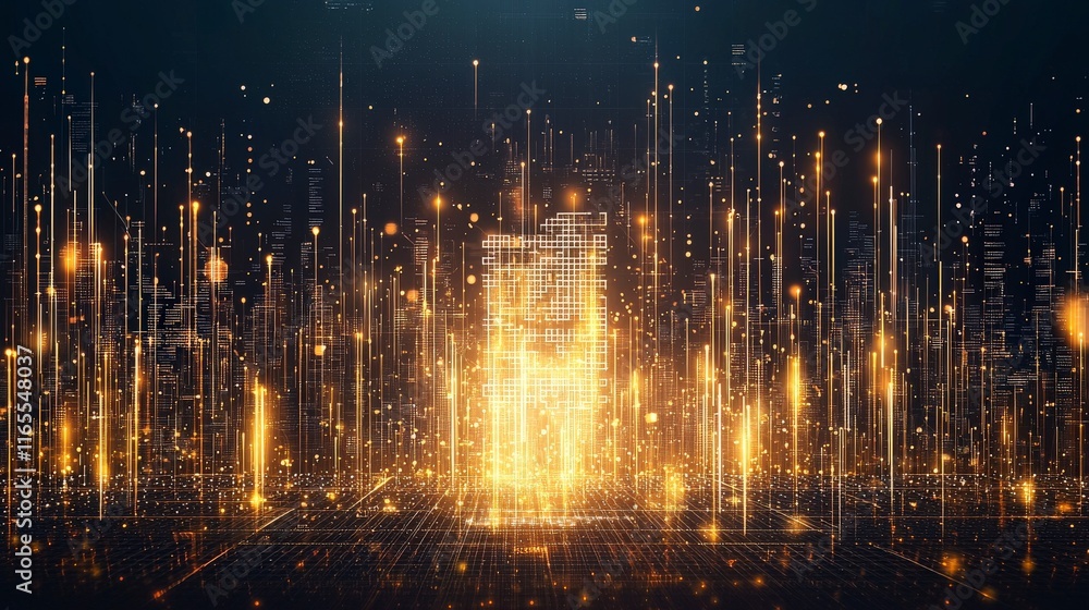 Poster abstract digital landscape with glowing vertical lines and particles, creating a futuristic and ener
