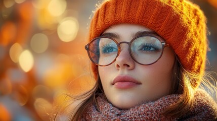 Fototapeta premium Portrait of a woman wearing an orange hat in soft light