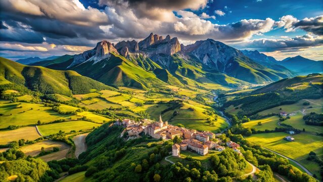 Drone View of Montemonaco and Sibillini Mountains - Stunning Landscape