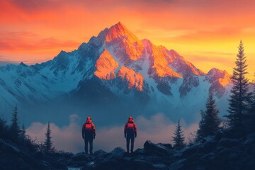 Obraz premium Majestic sunset view of mountain hikers exploring a breathtaking landscape experience