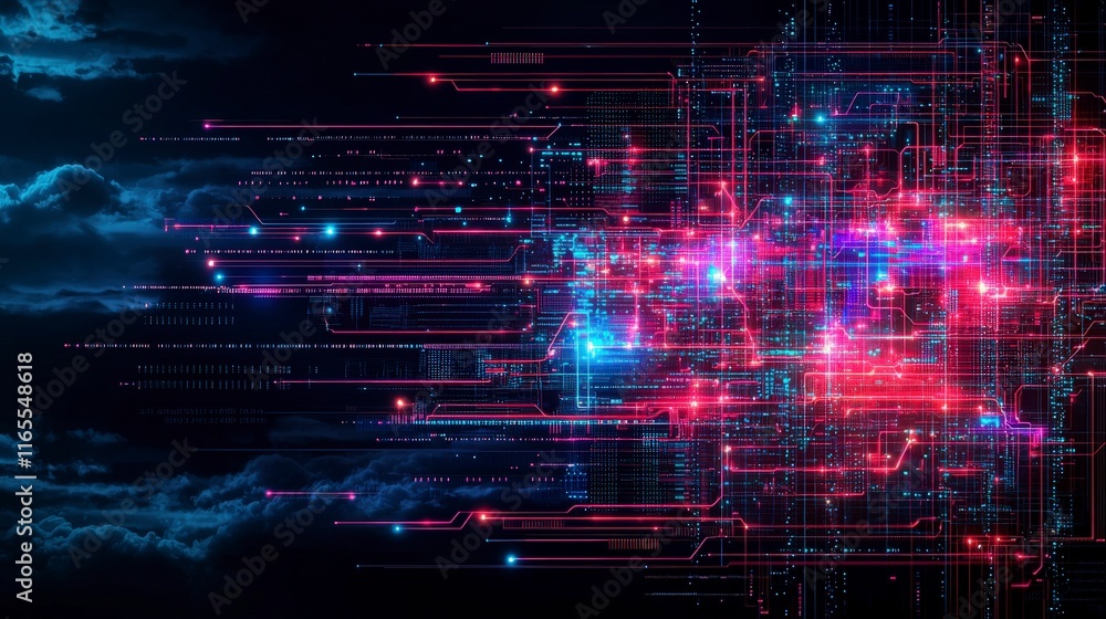 Poster abstract digital background featuring vibrant lines and glowing nodes in blue and pink, representing
