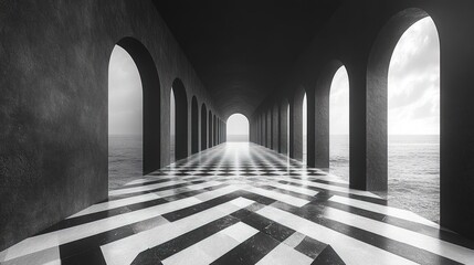 Ocean view corridor, arched hall, checkered floor.