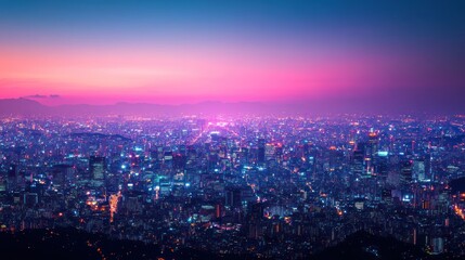 Fototapeta premium City skyline at dusk with vibrant lights.