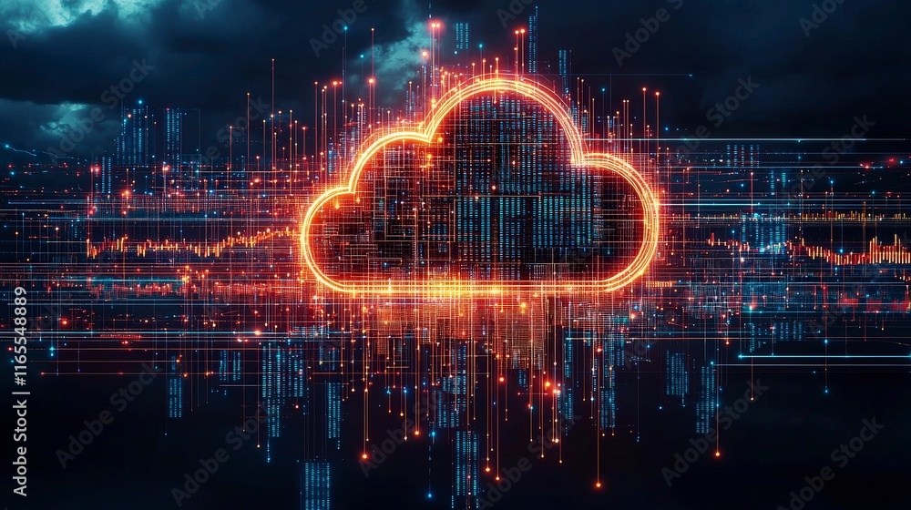 Poster Digital cloud icon glowing amidst a network of data streams, symbolizing cloud computing and technology solutions.