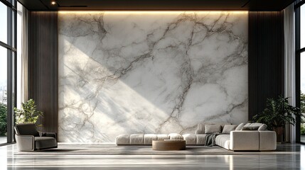 Modern living room with marble wall and plants.