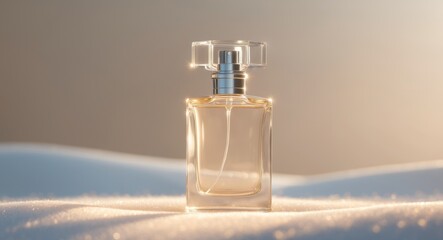 Elegant glass perfume bottle displayed on a clean surface with soft lighting emphasizing its shape and clarity