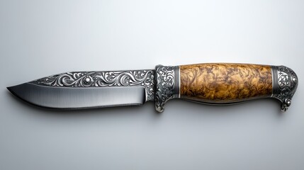 Ornate hunting knife with wooden handle and engraved blade.
