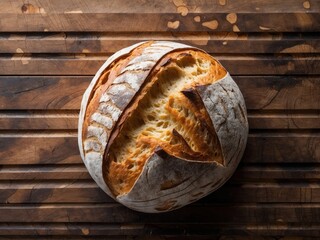 crusty bread loaf on rustic wood background - rustic textures
