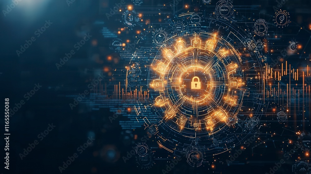 Poster digital illustration depicting a glowing gear symbol with a lock, representing cybersecurity and dat